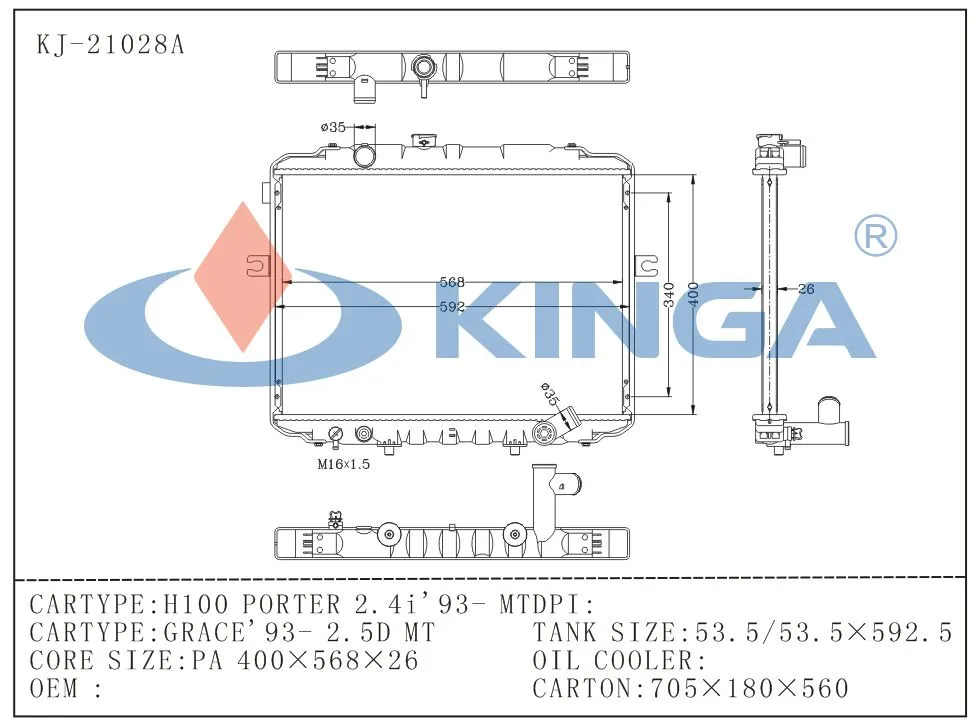 Auto Parts for Radiator H100 Porter 2.4I 1993 Mt Grace 1993 2.5D Mt