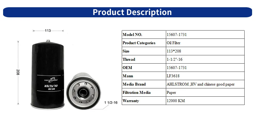 Auto Spin-on Parts Trucks Oil Filter for Hino Engine 15607-1731