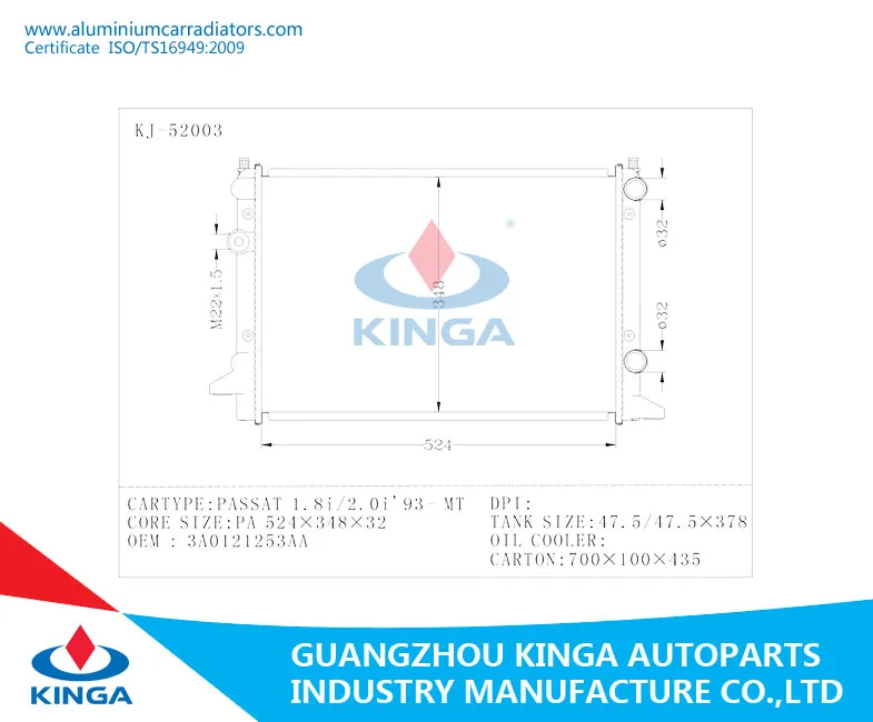 for Volkswagen Passat 1.8I/2.0I 1993 Mt Tube Radiator Automobile Water Tank